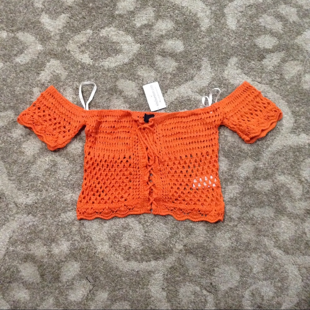 New orange crochet lace up crop top